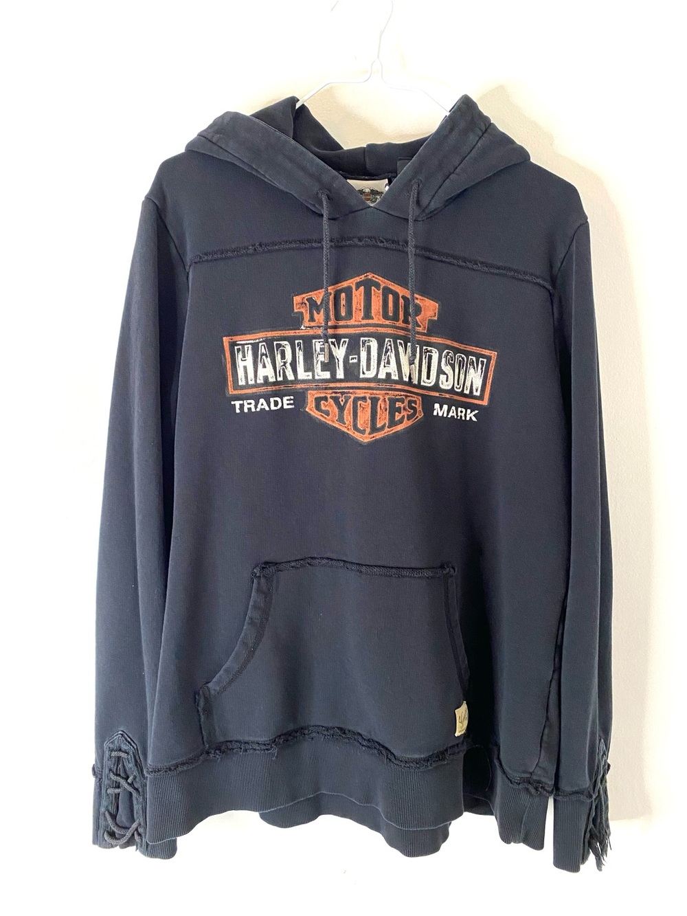 Harley-Davidson Black Distressed Lace Up Sleeve Hoodie Y2K Biker Sweatshirt